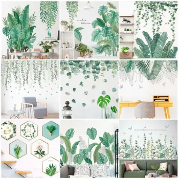 

Green Leaves Wall Stickers Tropical Plants Art Wall Decoration for Living Room Kitchen Home DIY Wall Decal Door Murals Wallpaper