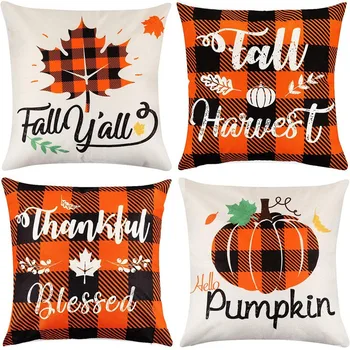 

4Pcs Fall Pillow Covers Fall Thanksgiving Pillow Cases Decorative Plaid Linen Throw Pumpkin and Maple Leaf Pillowcase
