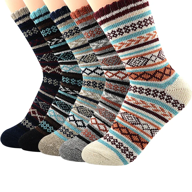 Men Socks Wool Cotton Casual High Quality Diamond pattern Men's Socks Winter thick warm 5 Pairs happy Socks Men Breathable 5 Pairs E