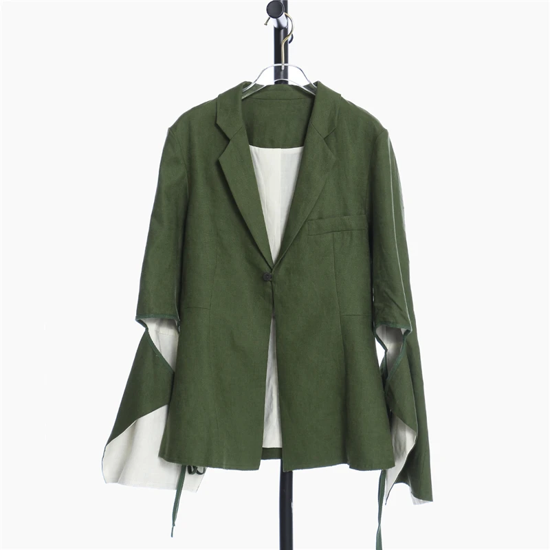 

Women Green Bandage Irregular Big Size Blazer New Lapel Long Sleeve Loose Fit Jacket Fashion Spring Autumn 2020