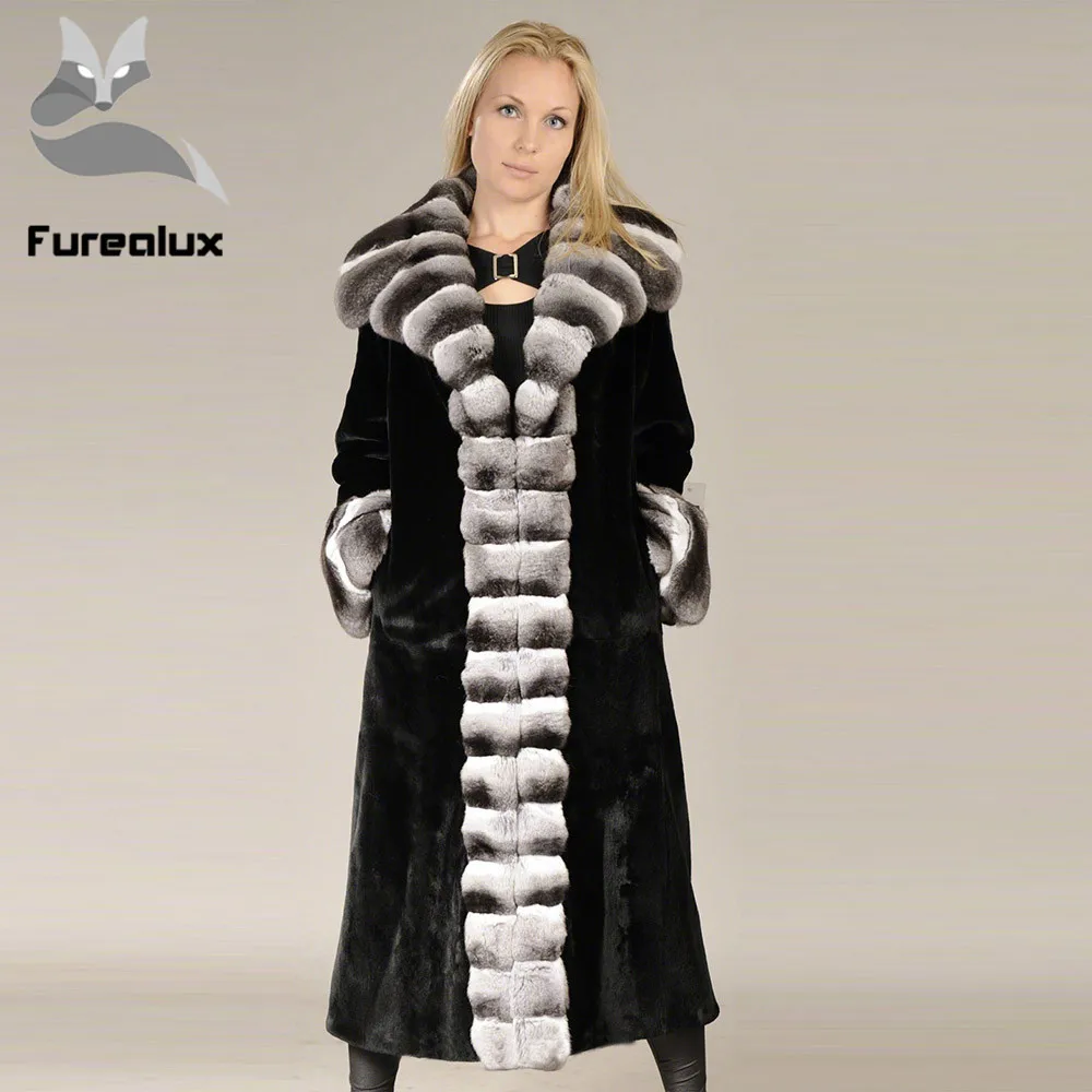 

120cm Long Hot Sale Women Real Natural Rex Rabbit Fur Coat High Quality Rex Rabbit Fur Chinchilla Color Winter X-long Outwear