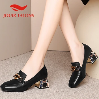 

JOUIR TALONS Dropship Genuine Leather Women Sandals Square Heels Square Toe Metal Decoration Pumps Summer Dress Women Shoes