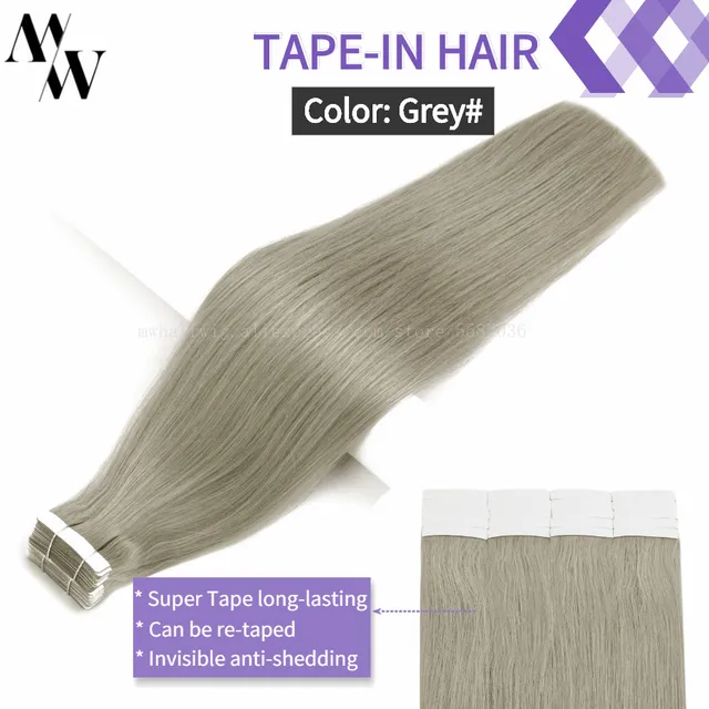 MW Double Drawn Remy Tape In Human Hair Extensions 100% Real Skin Weft Adhesive Glue On Seamless Natural Hair 16/20/24 Inches Grey