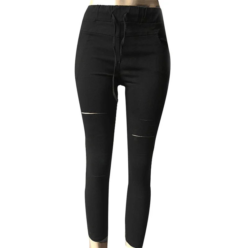 

Cargo Pants Women Casual Skinny Elastic Mid Waist Hole Solid Ankle-Length Pants Autumn Female Pencil Pants Fashion Trousers New