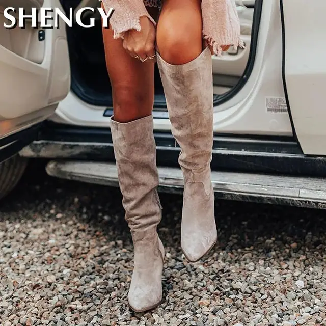 Botas por encima de la rodilla para mujer, zapatos sexys de Punta Alta, Aterciopelados, sin cordones, elegantes, para fiesta, Invierno