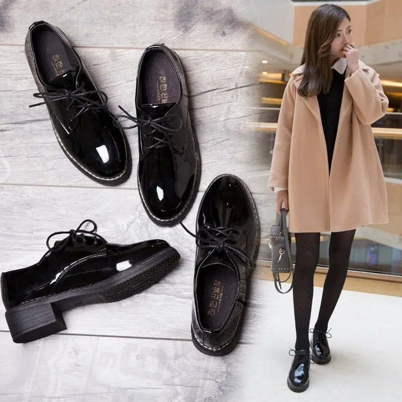 New Solid Leather Oxford Shoes for Women Flats Lace Up Square Low Heels Casual Shoes Woman Brogues Plus Size Zapatos De Mujer