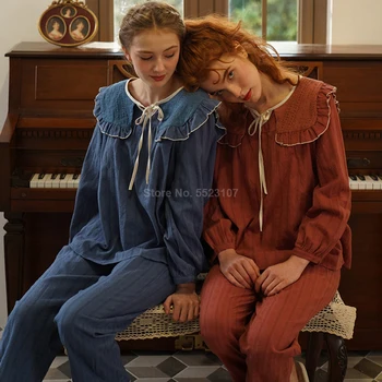 

Cotton Casual Pajamas Set for Women Peter Pan Collar Jacquard Medieval Renaissance Court Style Sleepwear Femme Lounge Nightgown