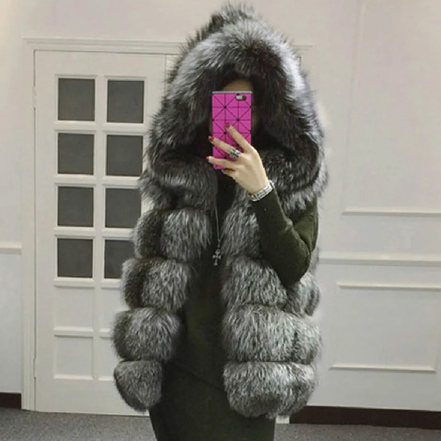 Модный женский меховой жилет, зимняя меховая куртка с капюшоном, плотное меховое пальто, приталенный полосатый меховой жилет, искусственный Лисий мех, жилет средней длины - Цвет: Sliver Fox Color