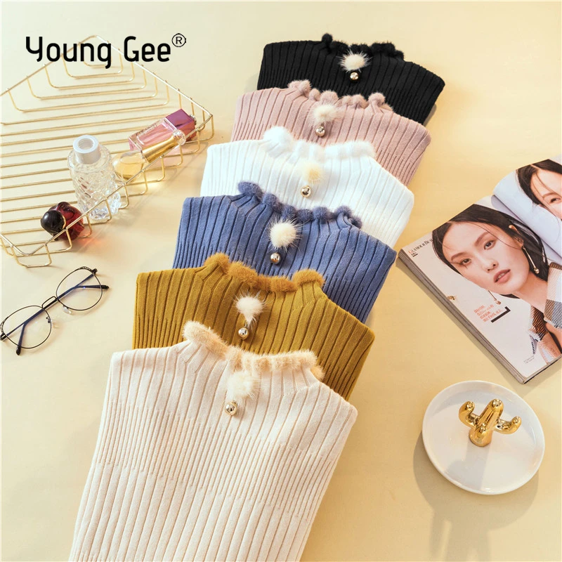Young Gee Turtleneck Sweater Women Long Sleeve Faux Rabbit Fur Slim Knitted Pullover Warm Autumn Winter Jumper Ladies Tops | Женская