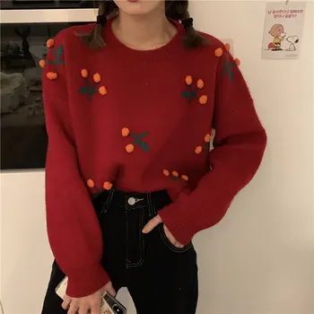 

Alien Kitty Vintage Cherries All-Match 2020 Thicken Warm Cute New Women Stylish High Quality Soft Sweet Loose Retro Sweaters