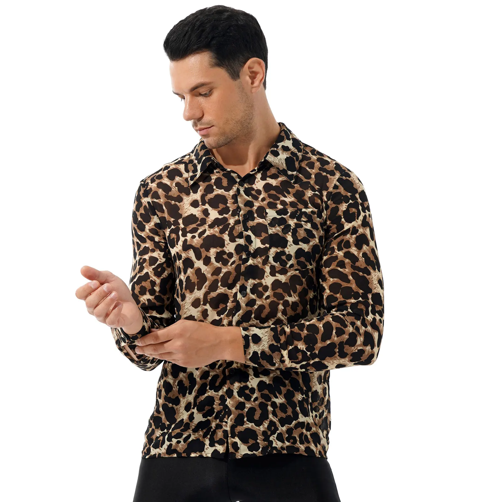 Mens Fashion Leopard Print Button Shirt 