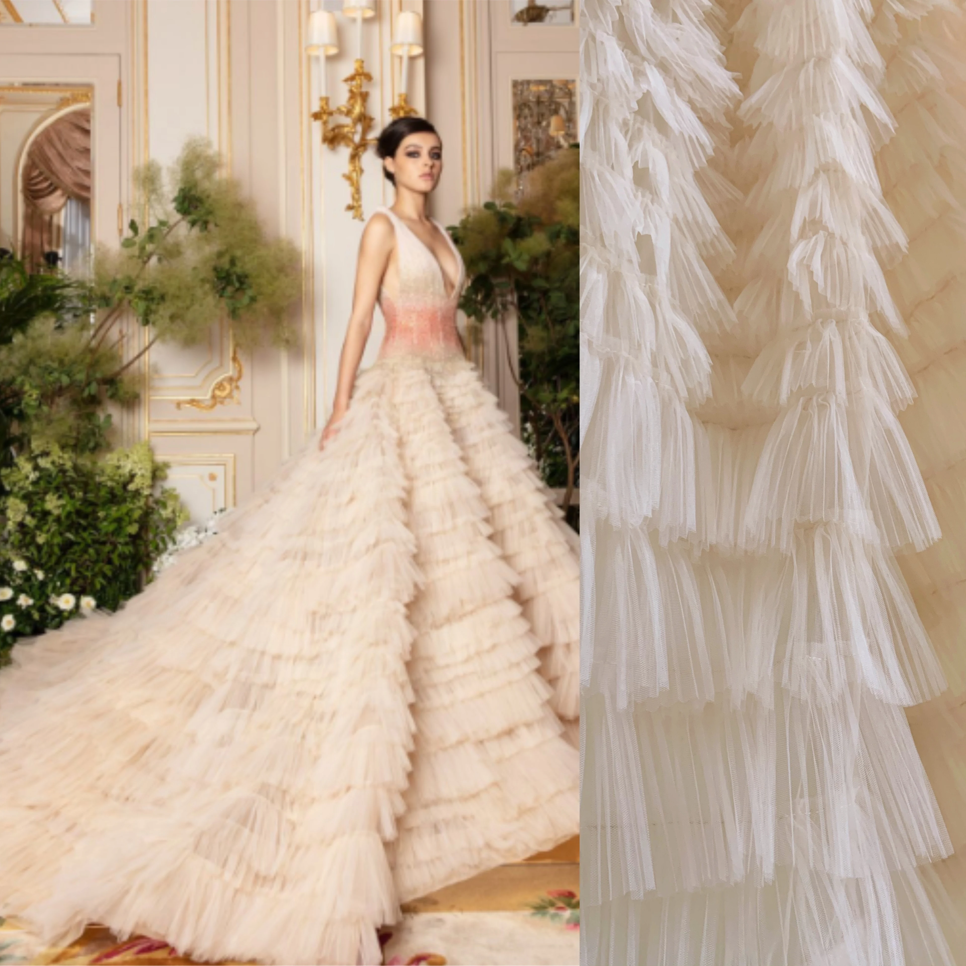 5 ярдов бежевая гофрированная ткань для торта платья, гофрированная Тюлевая кружевная ткань