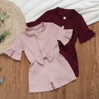 

Kids Baby Girl Solid Color Romper Ruffle Short Sleeve Jumpsuit Toddler Overalls with Bow-Knot One Pieces Summer Outfits