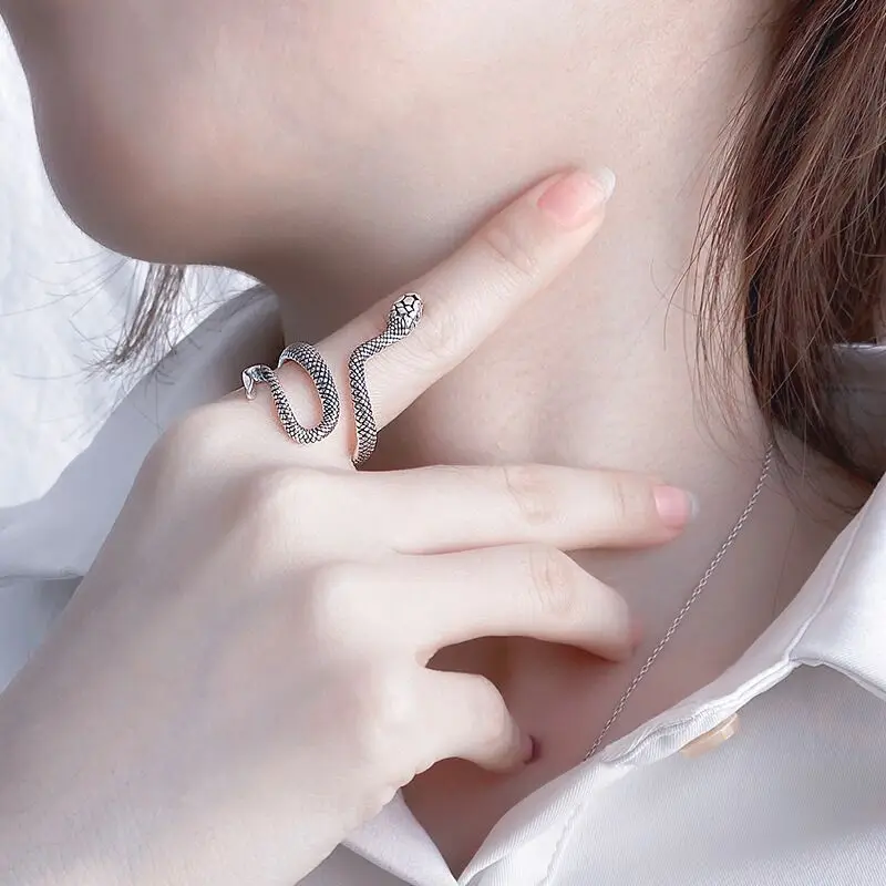 FOXANRY Silver Color Rings Couples Accessories Fashion Punk Vintage Simple Winding Snake Design Party Thai Silver Jewelry