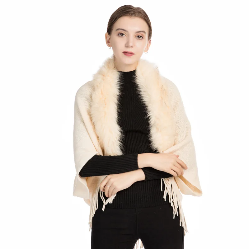 OMEA Fur Collar Poncho Women Winter Knitted Pullover Poncho with Tassel Women Shawl Solid Color Female Ponchos and Capes Ladies - Цвет: Cream