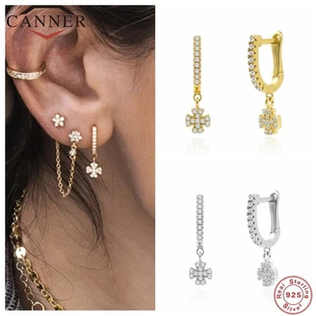 

CANNER 1pair Fashion Trend Luxury 925 Sterling Silver Hoop Earrings For Women O-shaped & Cross Zircon Earings Jewelry pendientes