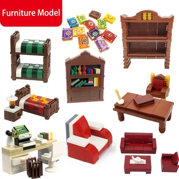 

City Building Blocks Books Bookshelf Table Computer Desk Sofa Bed Furniture Toys For Children Kids Gifts Compatible MOC City Toy