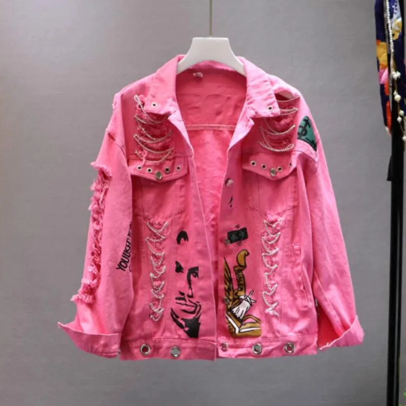 Harajuku розовая/желтая джинсовая куртка для женщин граффити рваные джинсы с дырками