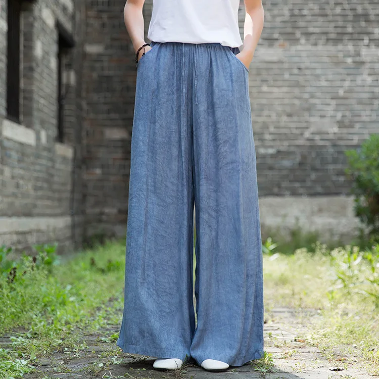 Johnature 2020 Autumn New Full Length Retro Elastic Waist Tie Dye Wide Leg Pants Loose Comfortable All-match Women Lace Up Pants