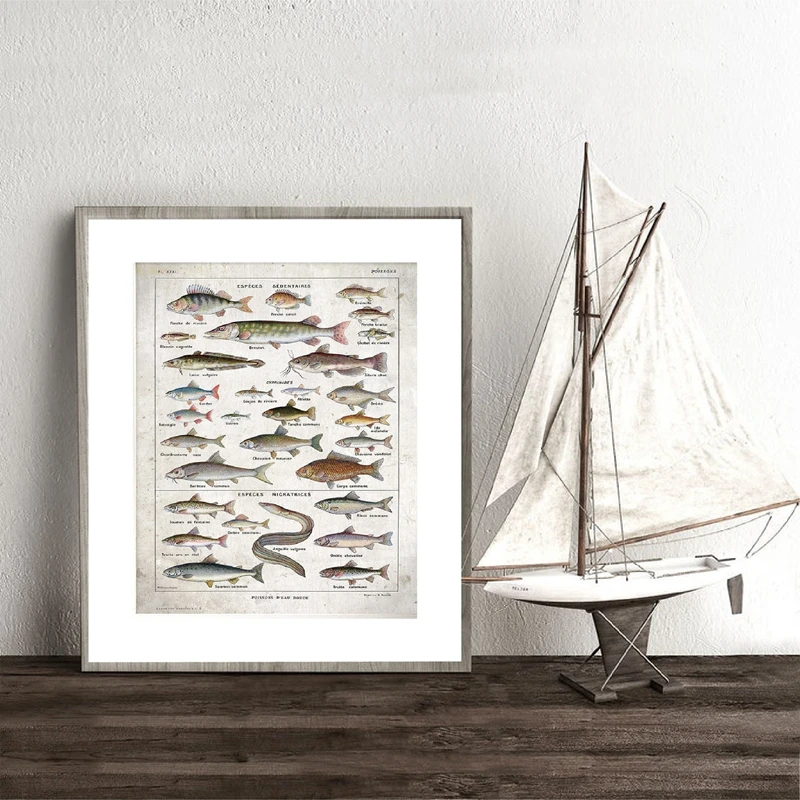 Старинный плакат с рыбками, французская версия Poisson, Офисная настенная художественная картина, Картина на холсте, принт, Франция, украшение для дома на стену