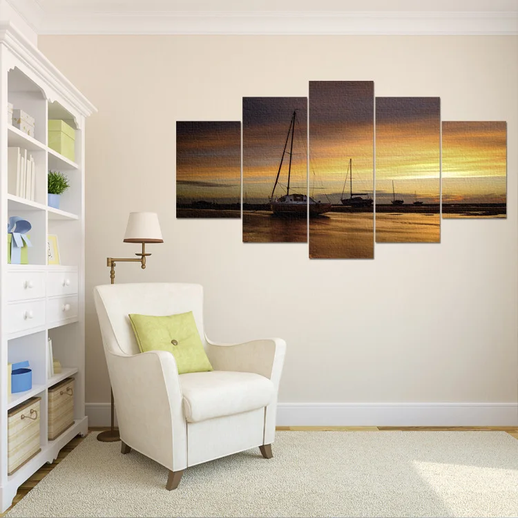 

Hot Sales Seaside Ocean View Frameless Painting Five Spell Canvas Hanging Painting 5-frame Painting Combination Home Decoration