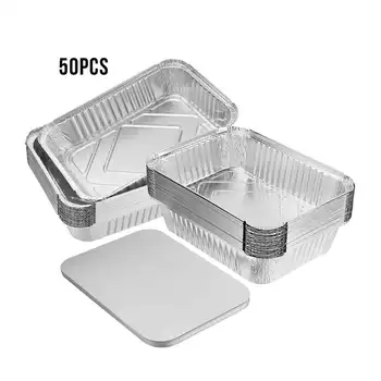 

50PCS 630ml Disposable BBQ Drip Pans Tray Aluminum Foil Lunch Box Grease Catch Pans Trays with Cover