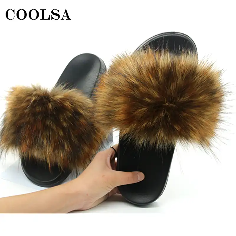 faux raccoon fur slides