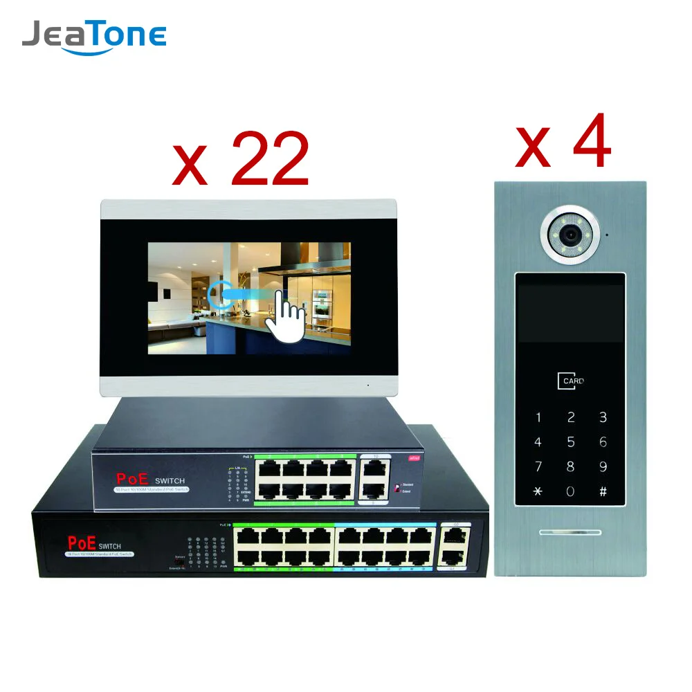 7'' Touch Screen WIFI IP Video Door Phone Intercom+POE Switch 22 Floors Building Access Control System Support Password/IC Card