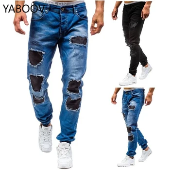 

Jeans for Men Slim Fit Pants Classic Big Hole Biker Jeans Male Hip Hop Trousers Streetwear Destroyed Torn Ripped Denim Man Jeans