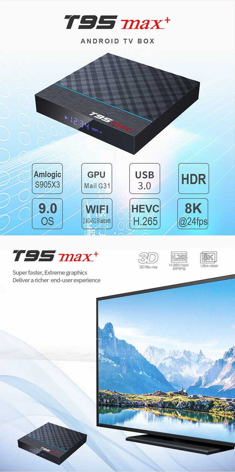 ILEPO T95 MAX+ Amlogic S905X3 Android 9,0 ТВ-приставка 4 Гб 64 ГБ 32 ГБ wifi 4K 8K 24 кадров в секунду Netflix 2Гб 16 Гб телеприставка PK X96 mini