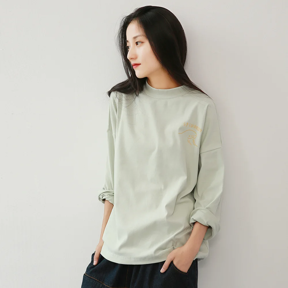 

Women Print Floral T-Shirts Solid Color Long Sleeve Cotton Cloths 2019 Autumn New Loose Korean Style Casual T-Shirts
