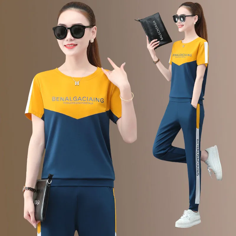 De moda empalme Color 2 piezas conjunto suelto de las mujeres verano nuevo manga corta deportes de dos piezas conjunto naranja albaricoque rojo ropa
