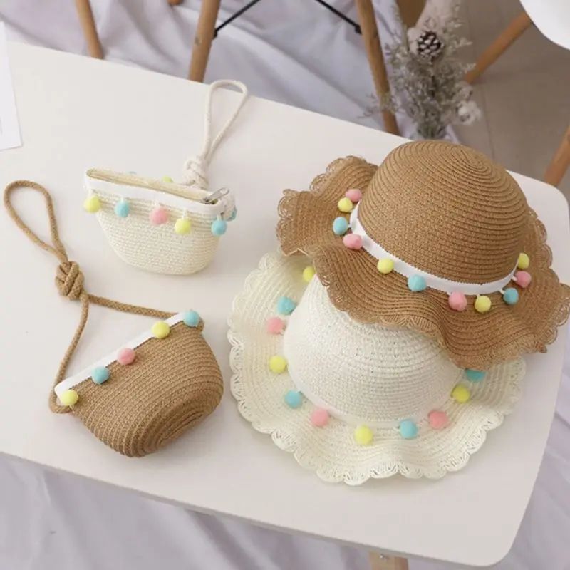 Kids Girls Large Wide Brim Straw Woven Sun Protection Beach Hat Colorful Pompom Ball Summer Floppy Bucket Cap Portable Handbag