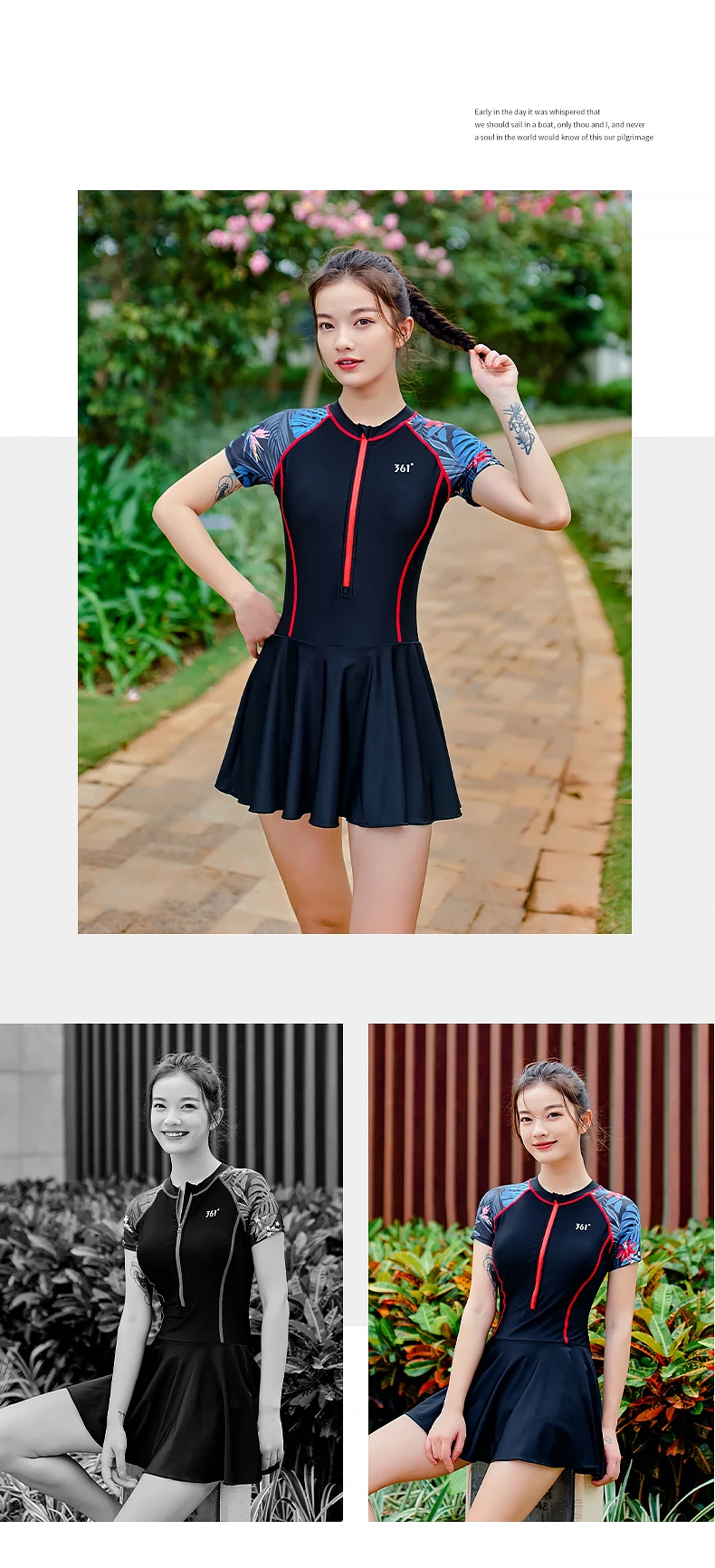 361 Swimsuit Female Summer 2021 One Piece Swim Skirt Short Sleeve Women Swimwear Swim Dress Zipper Stripe Rash Guard