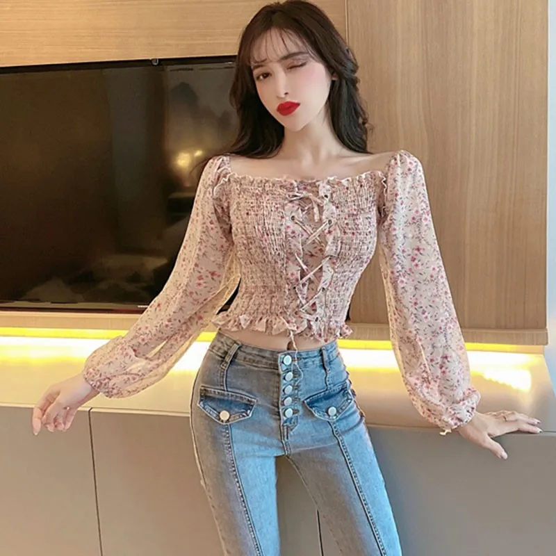 

ETOSELL Women Blouses Korean Floral Sexy Slash Neck Blouse Top Pleated Drawstring Small Fresh Shirt Tops