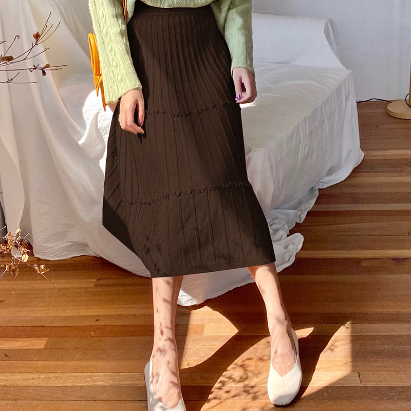 Женская трикотажная юбка с высокой талией+ длинные плиссированные юбки цвета хаки, коричневый, серый, черный, 3118