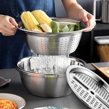 

3 pcs/set Multifunctional Kitchen Graters Vegetables Fruits Salad Grater Cutter Stainless Steel Drain Basin Kitchen Accessories