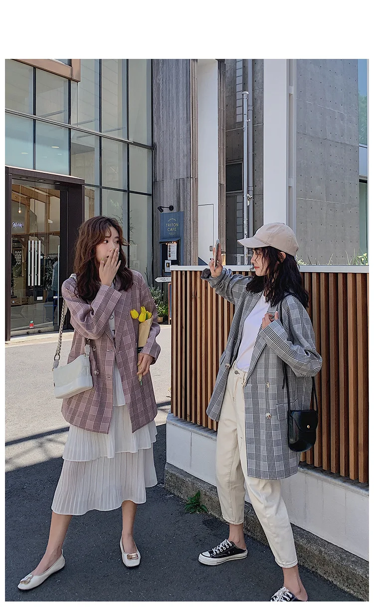 Корейский ulzzang ретро плед Повседневные однотонные женские брюки костюмы зубчатый блейзер с воротником куртка Женский костюм осень высокое качество