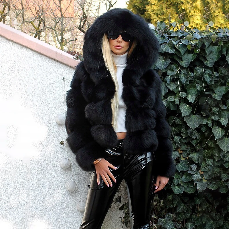 FURSARCAR Black Genuine Real Fox Fur Hooded Jacket New Women Luxury Fashion Natural Fur Winter Thicken Warm Clothing Girls