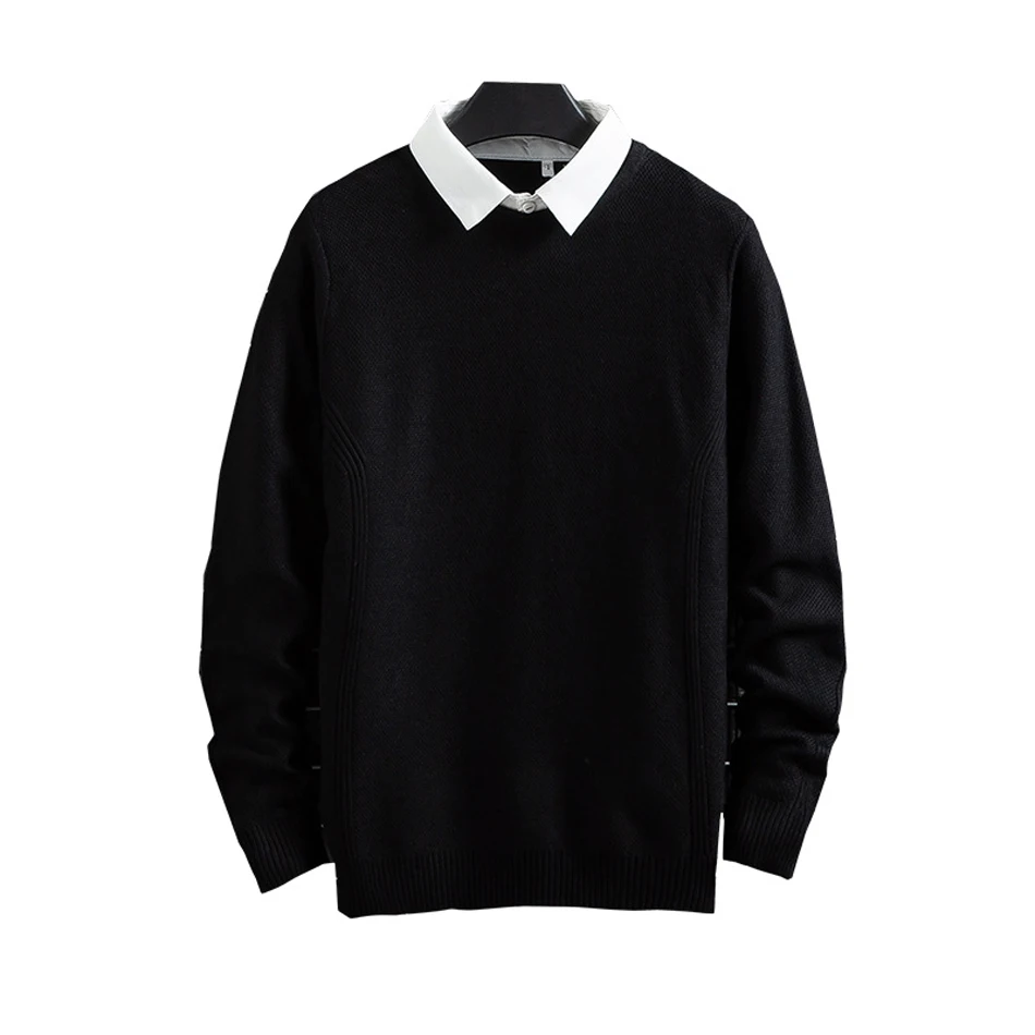 Autumn Men Fake Two-piece Knitted Solid Pullover Sweater Shirt Pull Up Long Sleeve Jumper Male Fashion Slim Fit | Мужская одежда