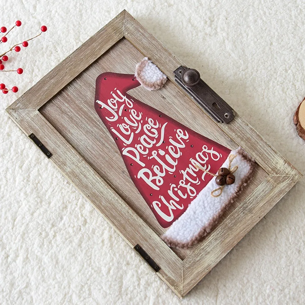 Creative Christmas Hat Wall Hanging Ornaments Personality Letter Pattern Wooden Desktop Lighting Xmas Decorations