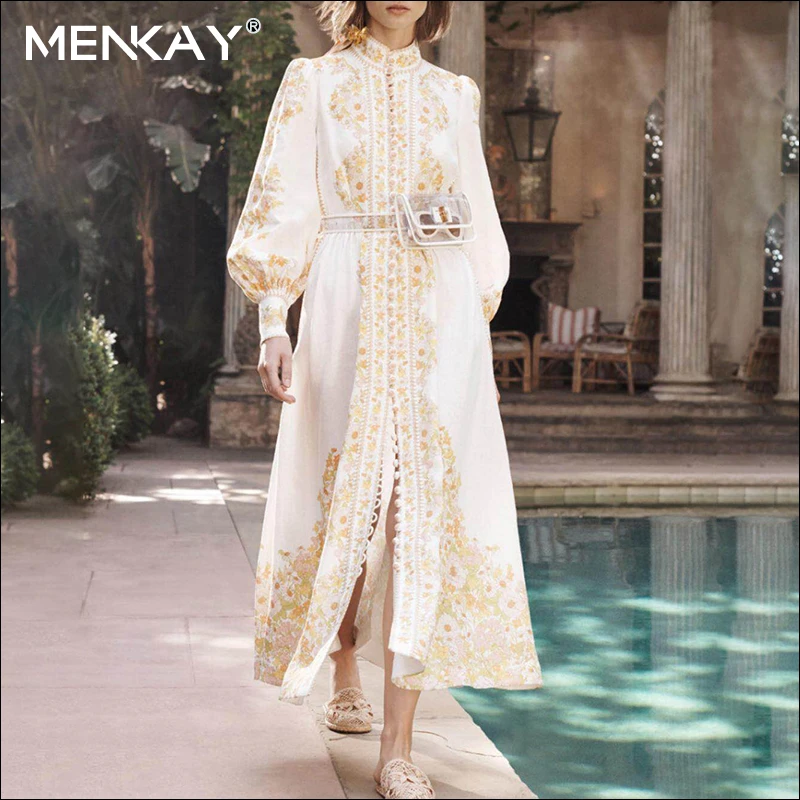 

[MENKAY] Bohemian Print Maxi Dress For Women Stand Collar Lantern Sleeve High Waist Elegant Dresses Female 2019 Fashion Clothes