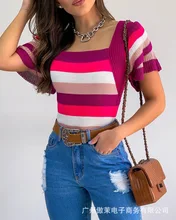 

Striped Contrast Blouse Women's Square Neck Sexy Short Sleeve Top 2021 Summer Slim Pullover