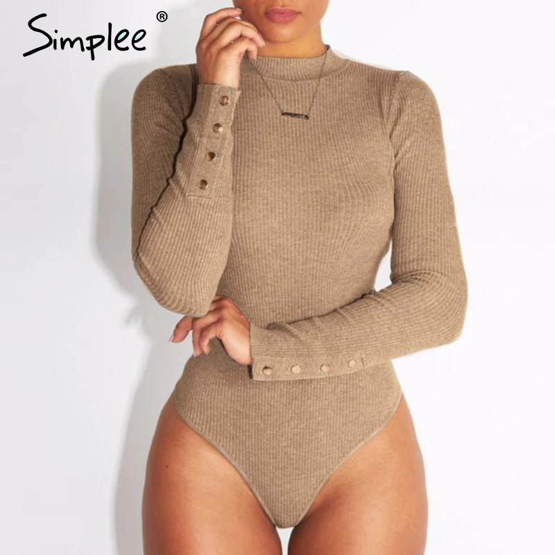 Baratos Simplee elegante bodysuit de punto Mujer Casual de manga larga botón Mono para mujer pelele Otoño Invierno mono delgado para mujer 2019