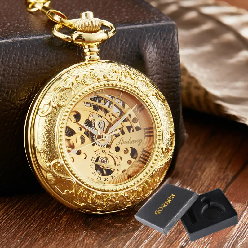 Luxury Golden Simple Laser Engraved Mechanical Pocket Watch with Chain  Transparent Cover Hand-winding Pendant Clock Men Watch