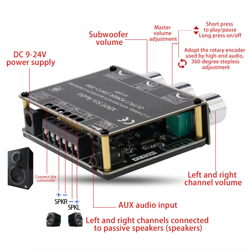 2.1 채널 2*15W+30W Bluetooth 전력 서브우퍼 증폭기 보드 HiFi 클래스 D 홈 시어터 오디오 스테레오 이퀄라이저 AUX 앰프