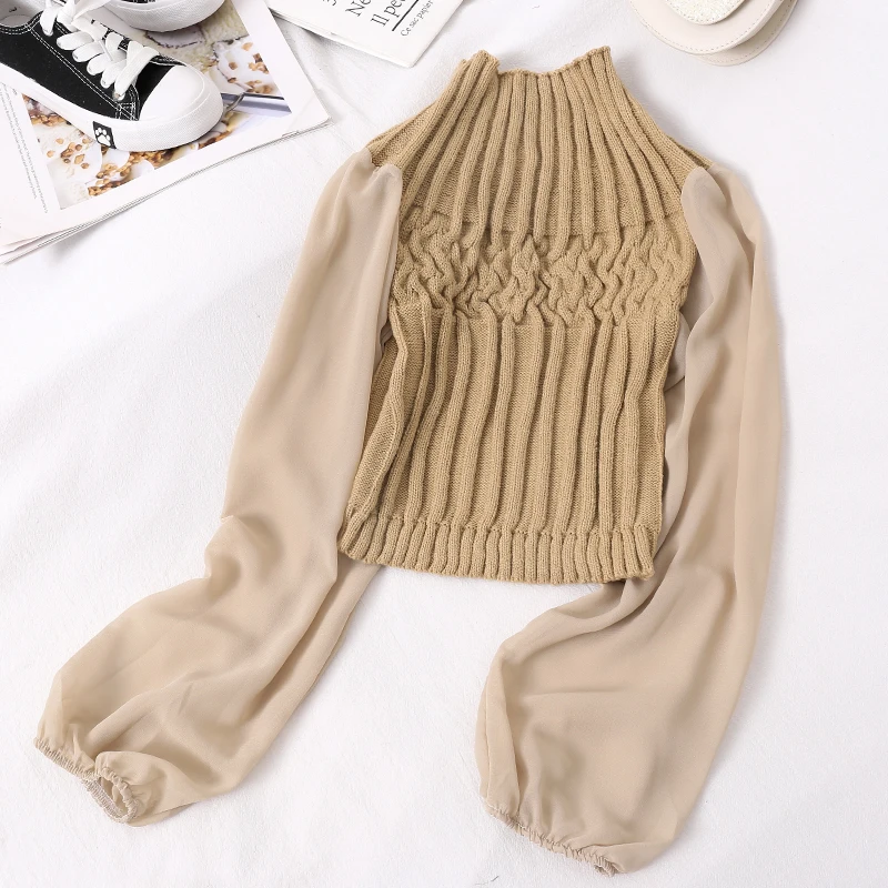 

2019 Autumn Winter Slim Turtleneck Short Sweater Blouse Women Knit Stitching Chiffon Patchwork Lantern Sleeve Female Shirt LS237