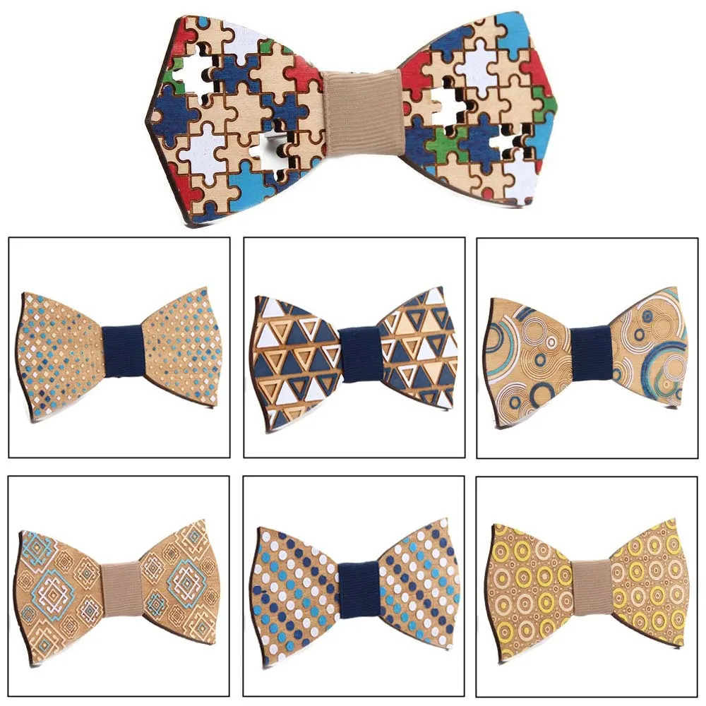 

2024 Men Birthday Gift Wooden Bowtie Cravat Elastic Band Necktie Wedding Party Cartoon Flower Engrave Carved Puzzle Wood Bow Tie