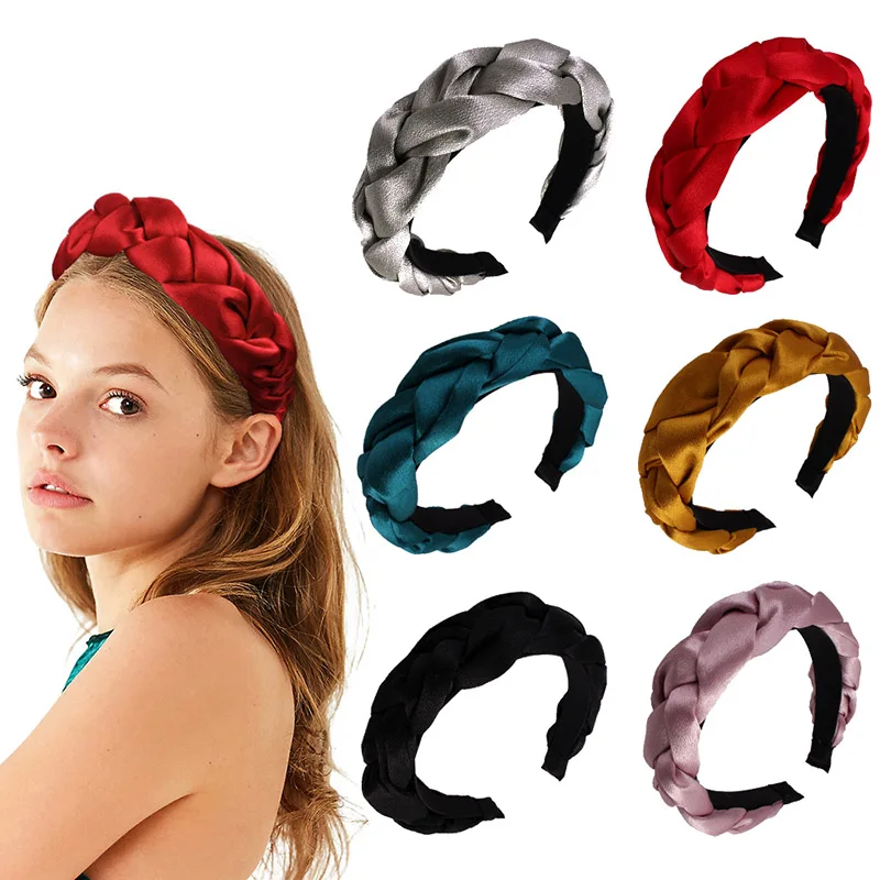 

Women Satin Cross Hairbands Twisted Braid Headband Head Hoop Solid Color Hair Accessories Ladies Elegant Fashion Width Headwear