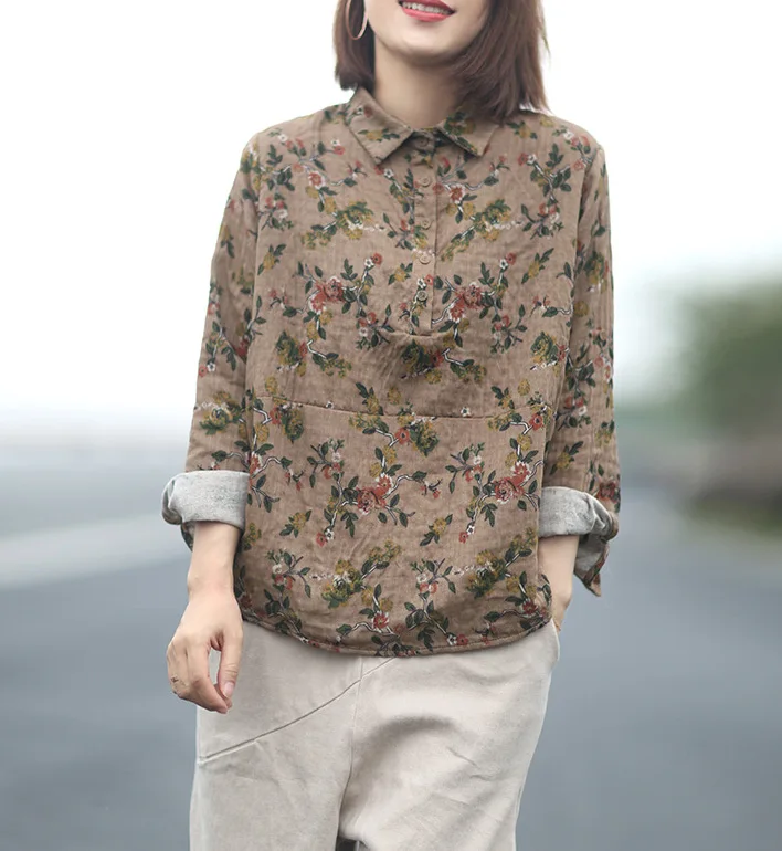 

Women Roll Up Long Sleeve Autumn Floral Shirt Loose Ethnic Rero Cotton Linen Tops Turn Down Collar Casual Flower Blouses Blusas